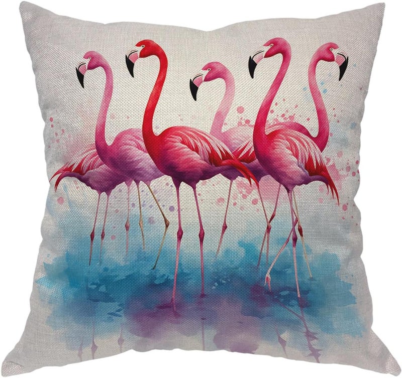 Moslion Flamingo Pillowcases 18x18 Inch Pink Bird Wildlife Animal Flamingos in Water Blue Watercolor Throw Pillow Cover Case Cotton Linen Decorative Cushion for Couch Bed - Image 1